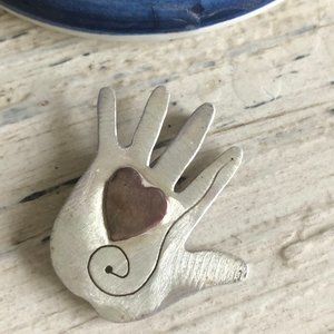 Silver & Copper Hand & Heart Pin